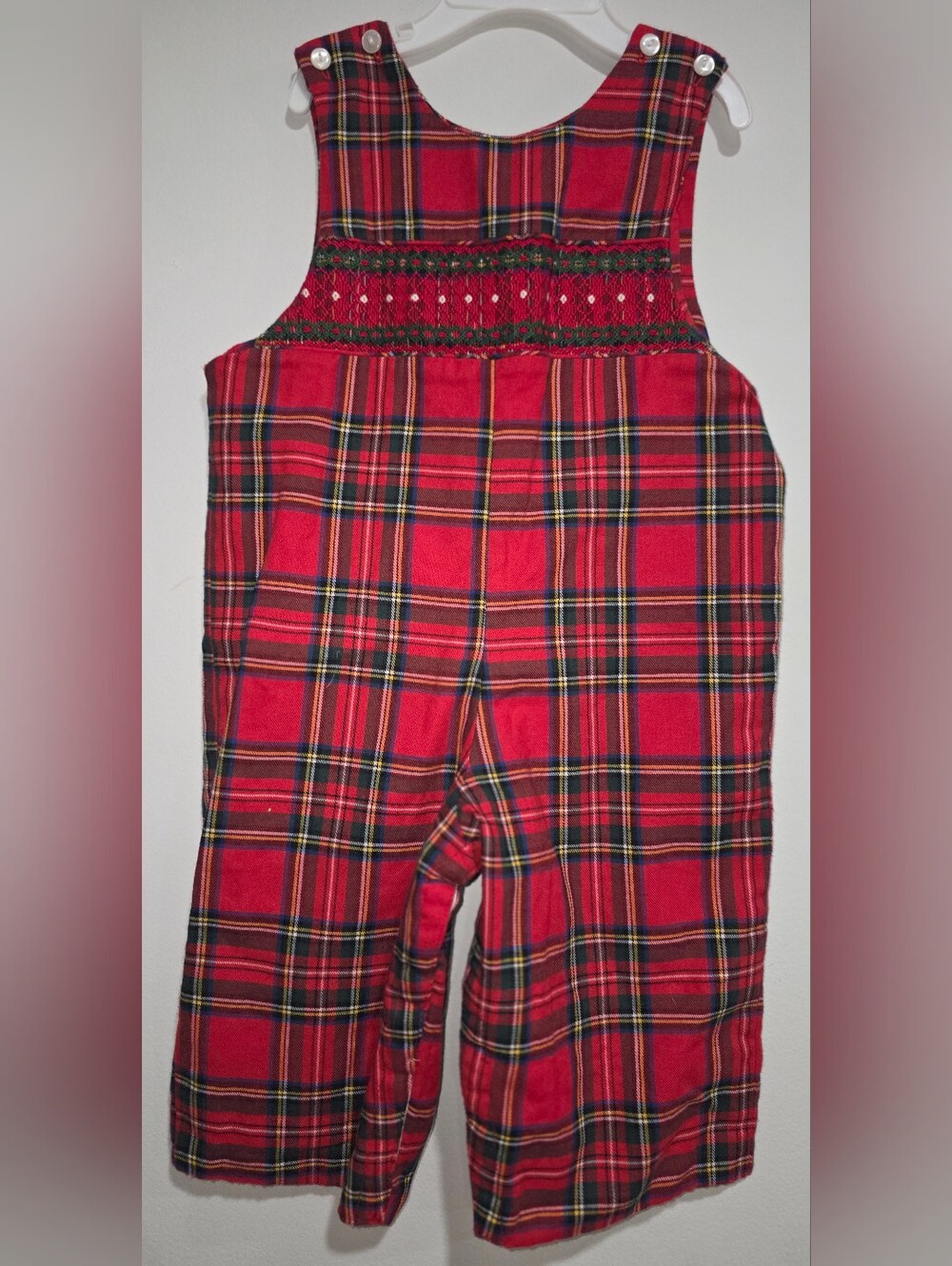 Red Plaid Smocked Kids Overalls